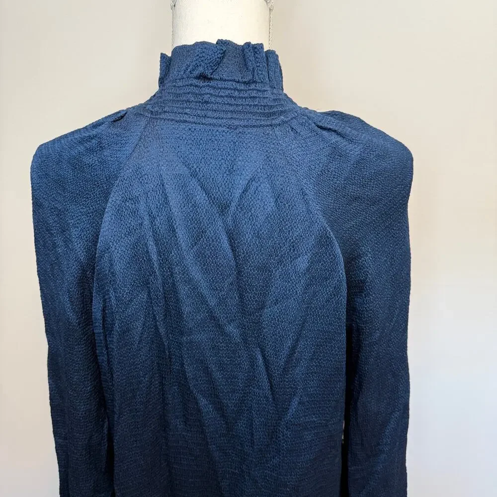 Sandro Paris Long Sleeve Tie Neck Flounce Hem Mini Dress In Navy Blue Size 36